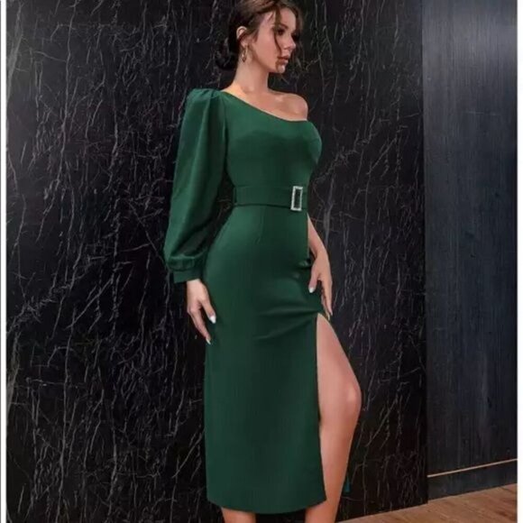 Green Long Sleeve Women Dress Sexy One Shoulder Midi with high split - Picture 3 of 7